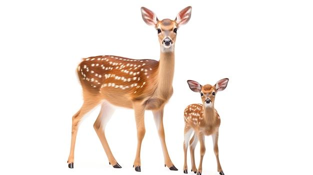 A deer and its fawn standing side by side isolated on white background