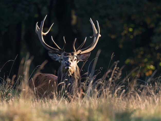 Photo a deer laying in the grass with a deer head in the background