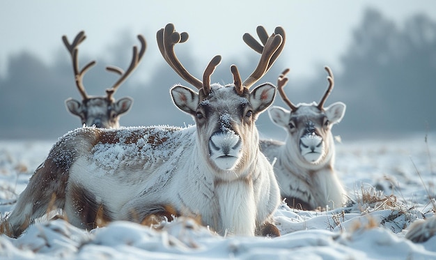 deer laying in the snow with trees in the background