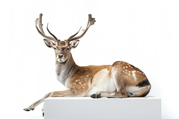 Photo deer lying elegantly on a white platform with large rack of antlers