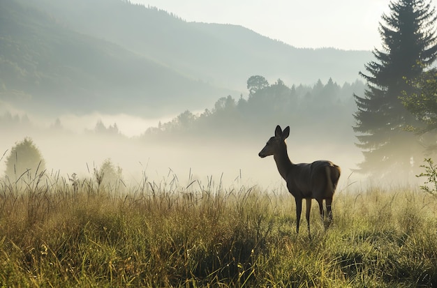 Deer in misty mountain meadow