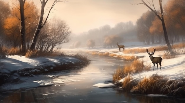 Deer in misty winter landscapegenerative ai