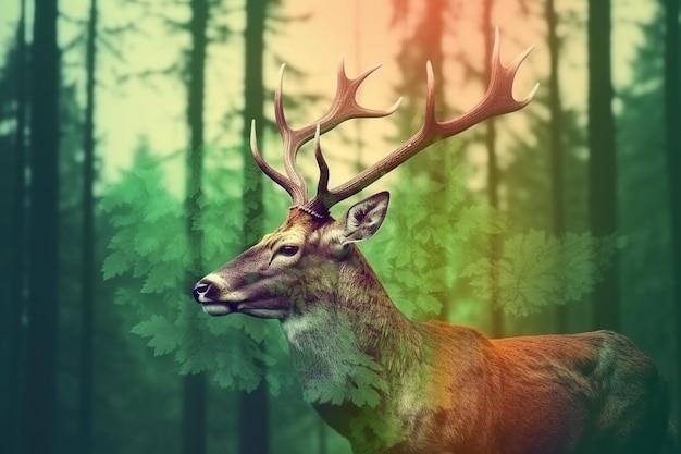 Deer in nature double exposure pic Generative AI illustration