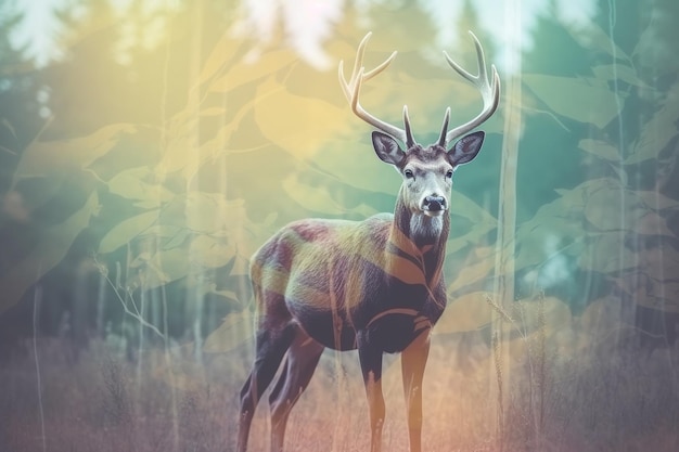 Deer in nature double exposure pic Generative AI illustration