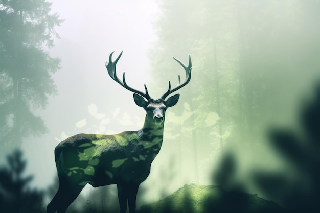 Deer in nature double exposure pic Generative AI illustration