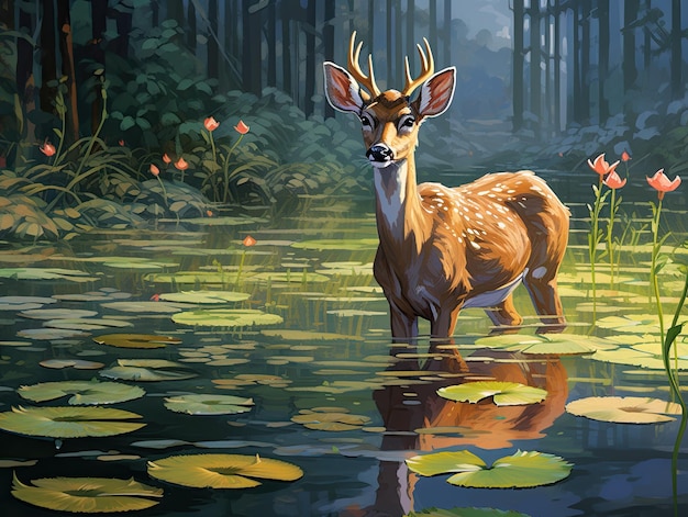 A deer in a pond