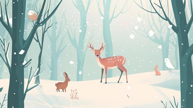 Photo a deer rabbit and owl in a snowy winter forest