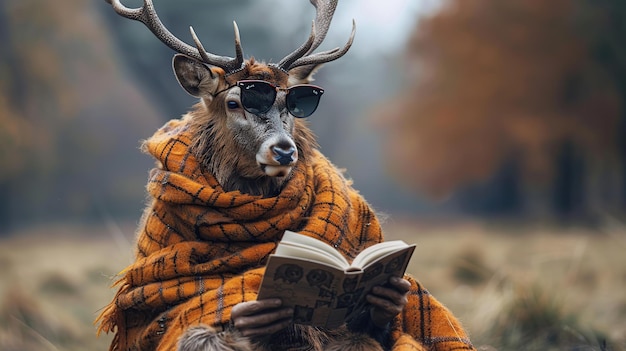 Photo a deer reading a book in the forest