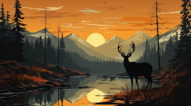 Deer Silhouette in Front of Dark Forest Landscape with River and Sunset extreme closeup Generative AI