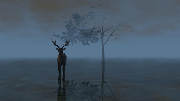 Deer silhouette near lonely tree dark surreal landscape