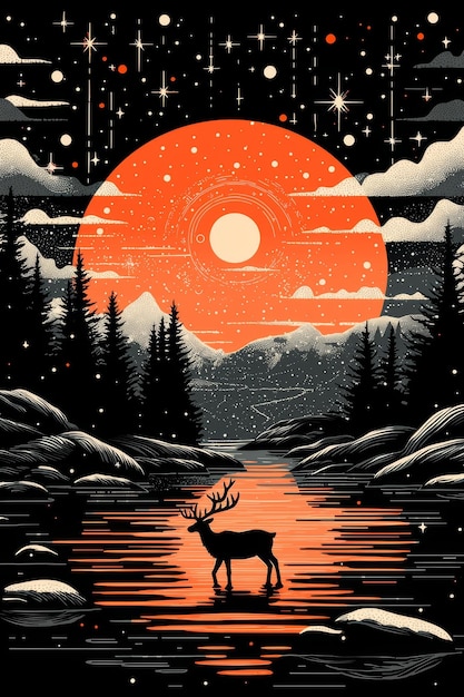 Deer Silhouettes at Sunset with Starry Sky