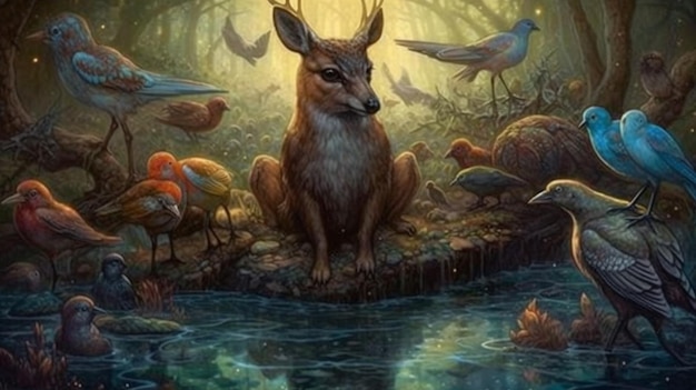 A deer sits in a pond surrounded by birds.