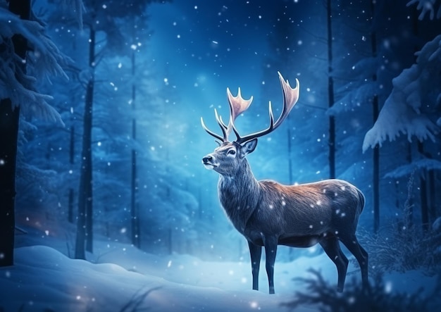 Deer in the snow with a blue background generative ai