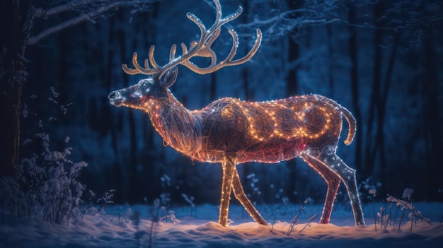 A deer in the snow with lights on it