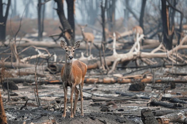 Photo deer standing after burning charred tree