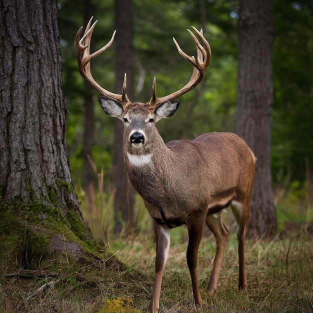 a deer standing in a forest with a tree