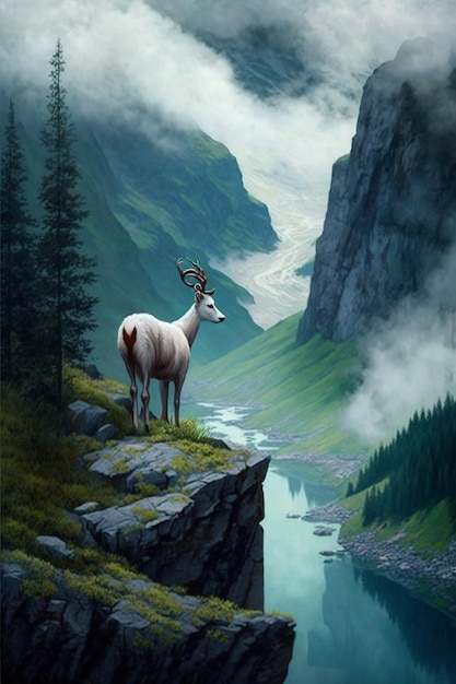 Deer standing on top of a cliff next to a body of water generative ai