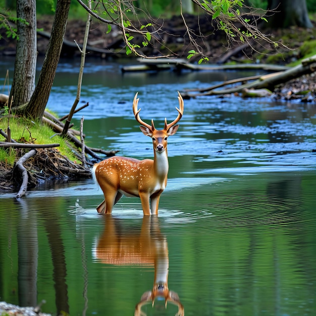 Photo deer standing in water of creek high quality and resolution