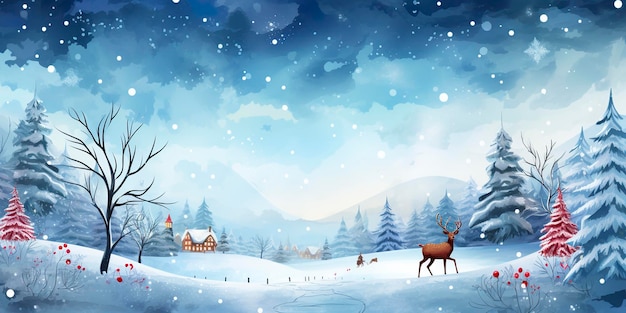 Deer standing in winter snow background with Christmas tree Merry Christmas and Happy New Year