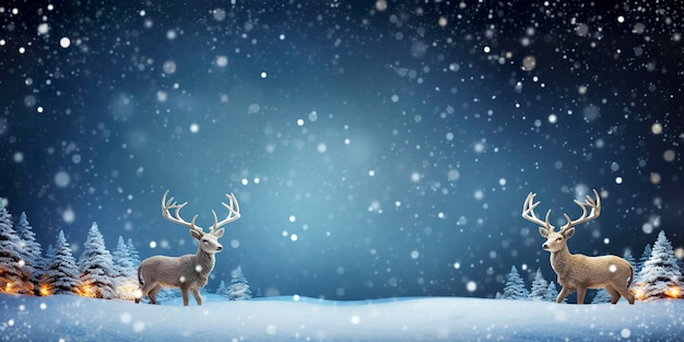 Deer standing in winter snow background with Christmas tree Merry Christmas and Happy New Year