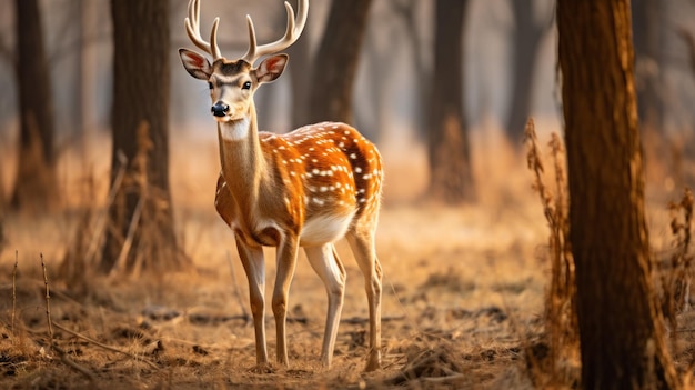 A deer stands in a field of dry grass