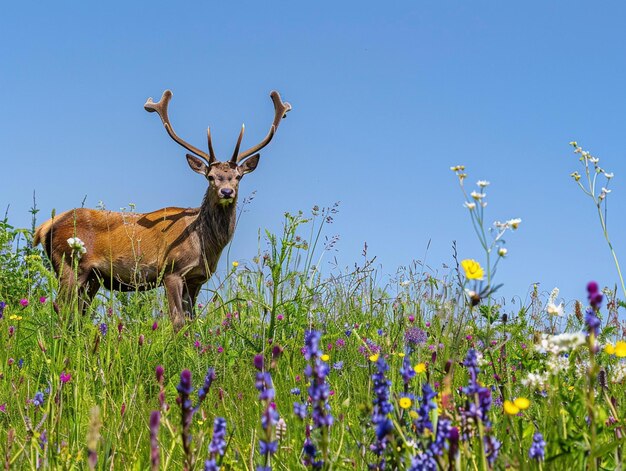 Photo a deer stands in a field of flowers with a yellow flower in the foreground