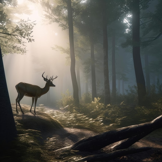 A deer stands in a forest with the sun shining on it.