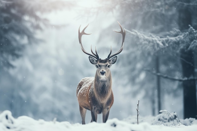 A deer stands in front of a snow covered field in a winter forest