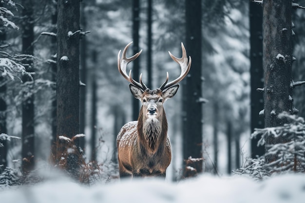 A deer stands in front of a snow covered field in a winter forest