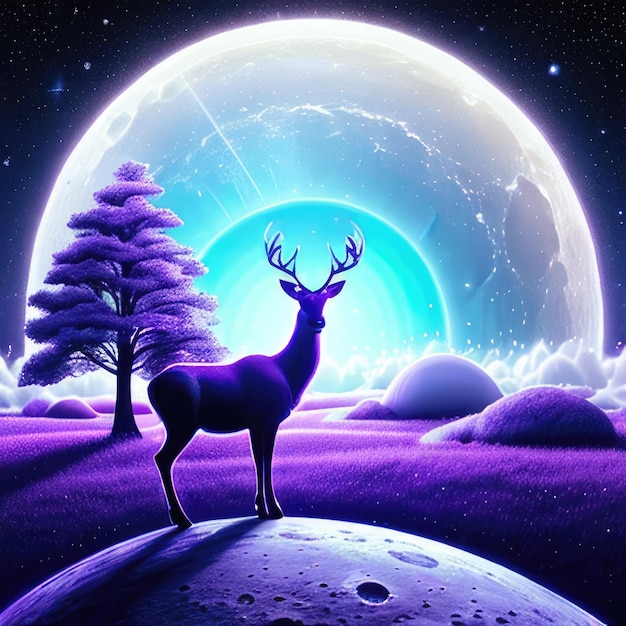 a deer stands under the moon at night illustration