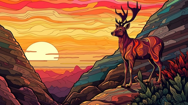 A deer stands on a mountain at sunset.