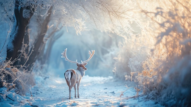 Deer stands in snow looking to right