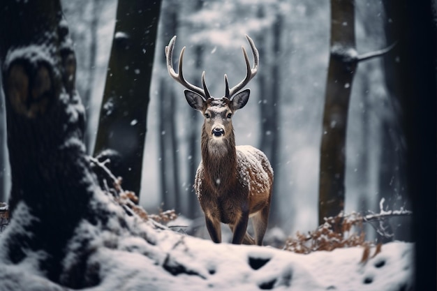 Deer Stands in a Snowy Area with Trees