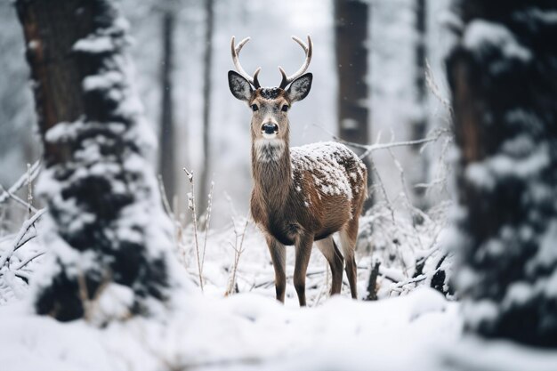 Deer Stands in a Snowy Area with Trees