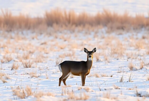 Photo a deer stands in a snowy field with a brown tail