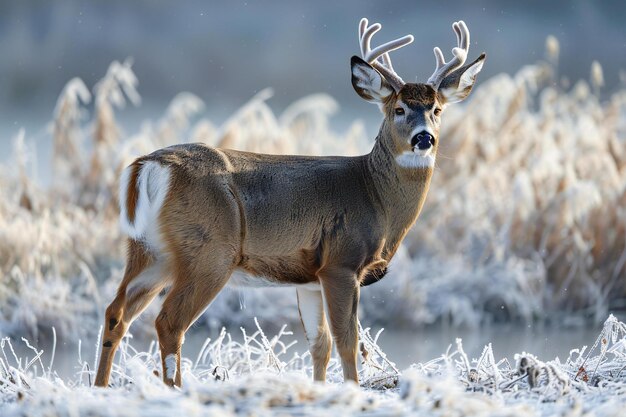 Photo a deer stands in a snowy field with frost on the ground