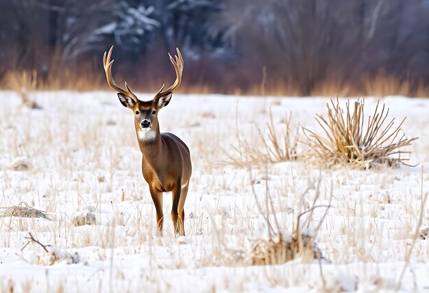 Photo a deer stands in a snowy field with a snowy background