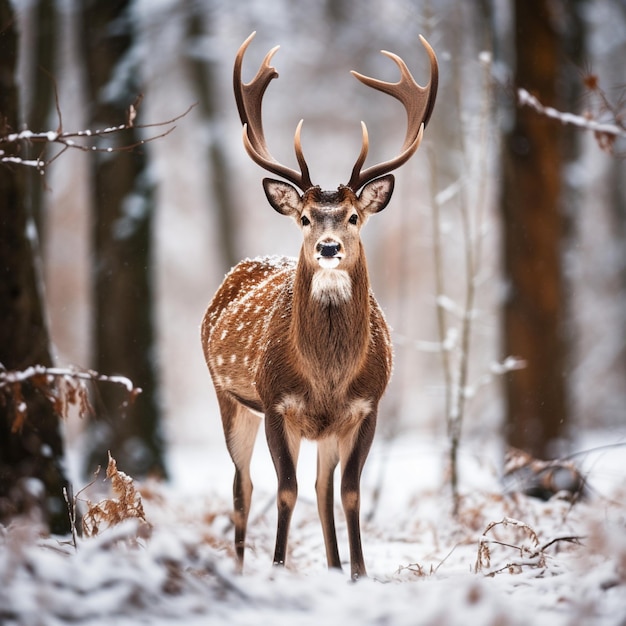 A deer stands in the winter forest