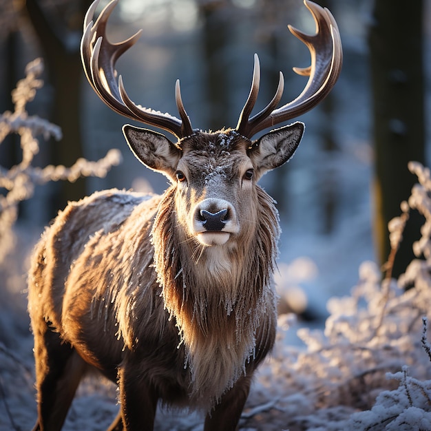 a deer stands in the woods in the winter.