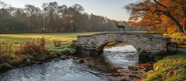 Photo deer on a stone bridge over a river in a forest