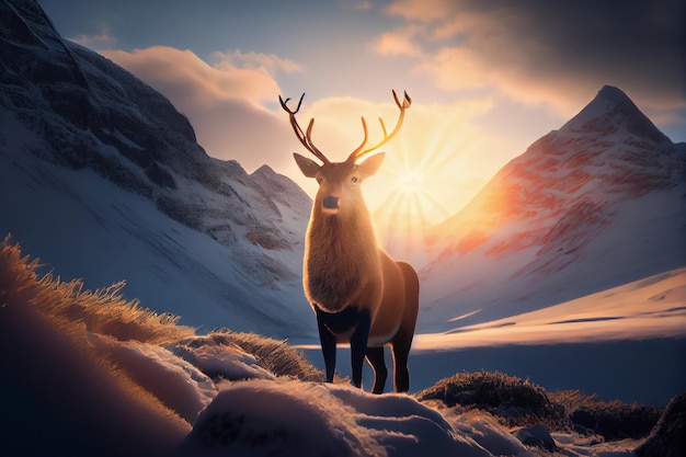 Deer that is standing in the snow generative ai