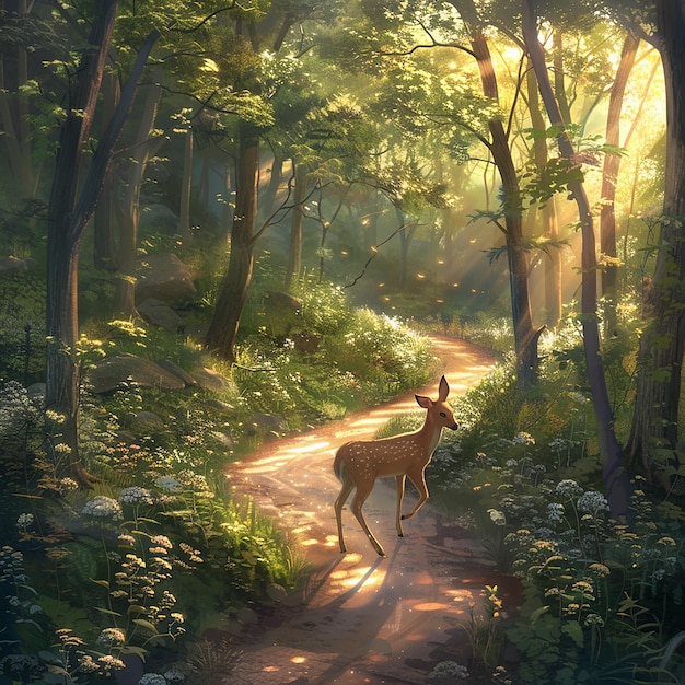 A deer walking through a sunlit forest