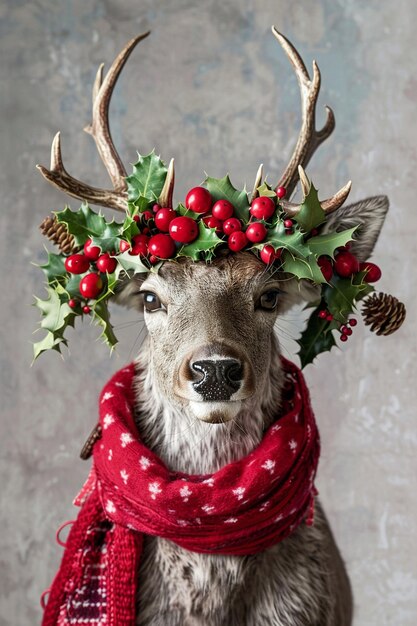 Photo a deer wearing a christmas hat with holly and holly on it