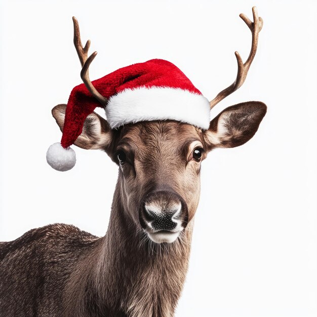 A deer wearing a festive Santa hat against a plain background