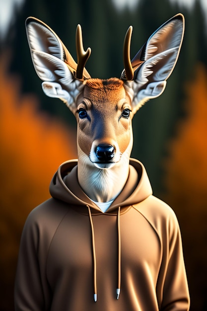 A deer wearing a hoodie that says'deer'on it