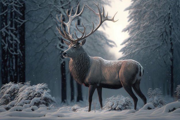 Deer in winter forest Illustration AI Generative