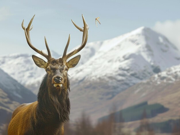 Photo a deer with antlers and antlers is standing in front of a snowy mountain