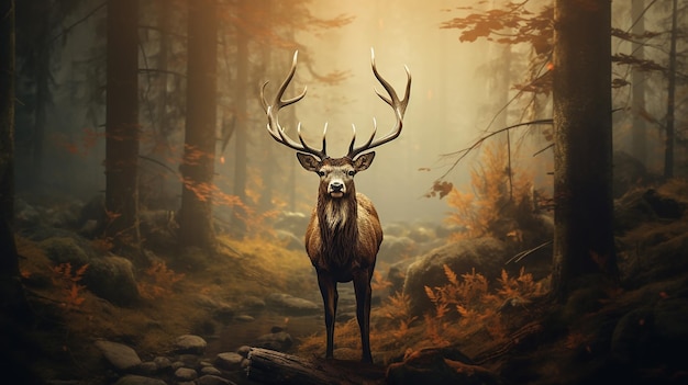 a deer with antlers is in the foreground of a mountain