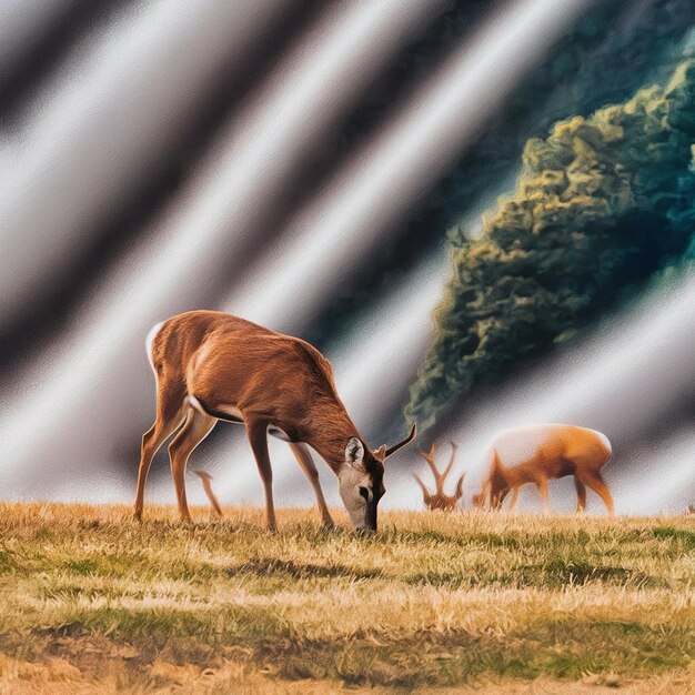 a deer with antlers is grazing in a field with a tree in the background