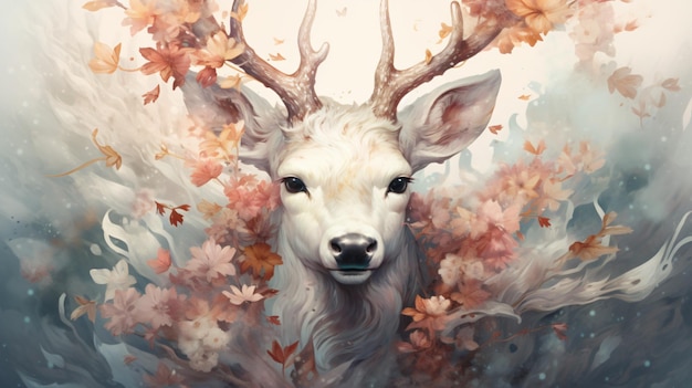 a deer with antlers is shown in an illustration of autumn leaves